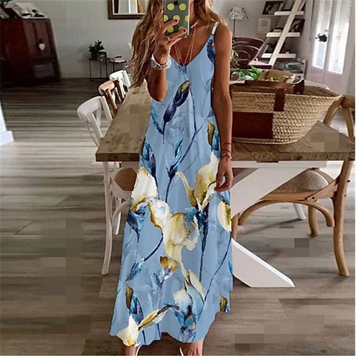 

Women's A Line Dress Maxi long Dress Green Blue Purple Short Sleeve Floral Print Spring Summer Spaghetti Strap Stylish Elegant Vacation 2022 S M L XL XXL 3XL