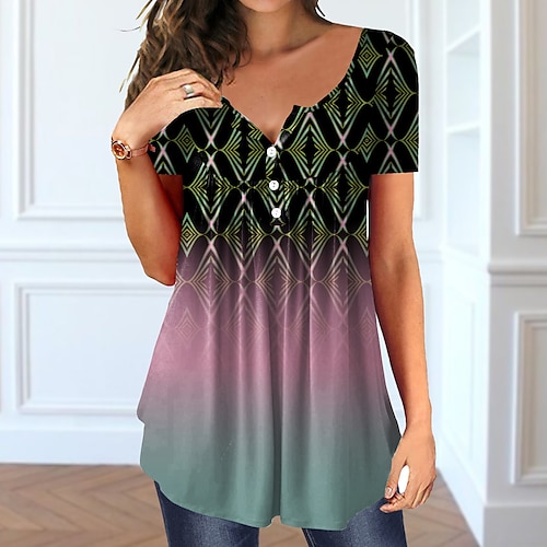 

Women's T shirt Tee Geometric Casual Weekend Geometric Painting T shirt Tee Short Sleeve Flowing tunic Button Print V Neck Basic Green S / 3D Print