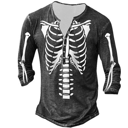 

Men's T shirt Tee Henley Shirt Tee Graphic Skeleton Henley Black Long Sleeve 3D Print Plus Size Outdoor Daily Button-Down Print Tops Basic Designer Classic Comfortable / Sports
