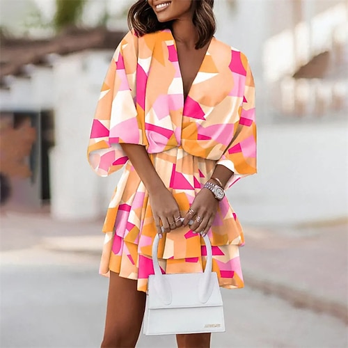 

Women's A Line Dress Short Mini Dress Black Yellow 3/4 Length Sleeve Floral Print Geometric Ruched Ruffle Print Fall Summer V Neck Stylish Casual 2022 S M L XL XXL