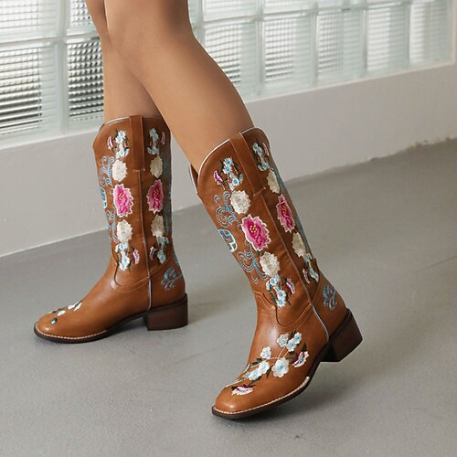 

Women's Boots Cowboy Boots Mid Calf Boots Embroidery Chunky Heel Square Toe Vintage Daily PU Leather Loafer Fall Winter Embroidered Dark Brown