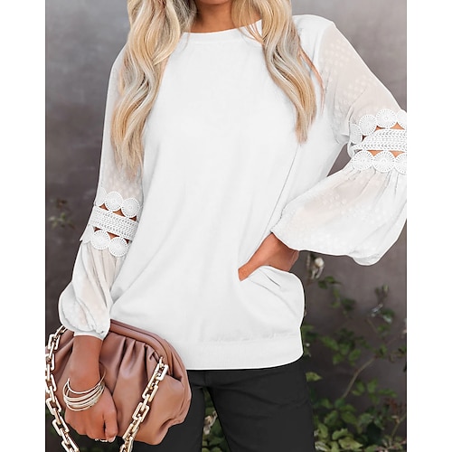 

Women's Blouse Shirt Brown Navy Blue Beige Plain Cut Out Long Sleeve Office Business Streetwear Casual Round Neck Regular Lantern Sleeve S