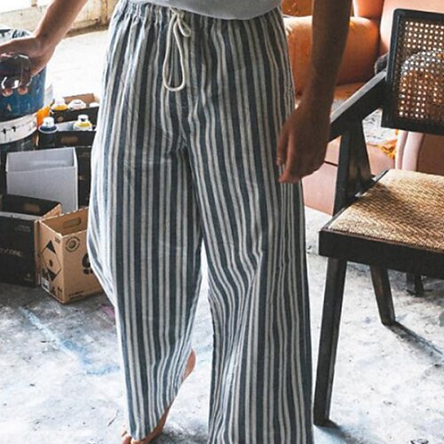 

Men's Trousers Beach Pants Drawstring Elastic Waist Wide Leg Stripe Comfort Soft Casual Daily Holiday Cotton Blend Fashion Streetwear Gray / Elasticity