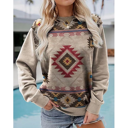 

Women's Sweatshirt Casual Print Khaki Geometric Loose Casual Round Neck Long Sleeve Cotton S M L XL XXL 3XL / 3D Print