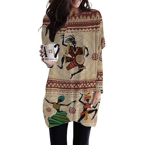 

Women's T shirt Tee Graphic Casual Weekend Painting T shirt Tee Long Sleeve Print Round Neck Basic Ethnic Khaki S / 3D Print