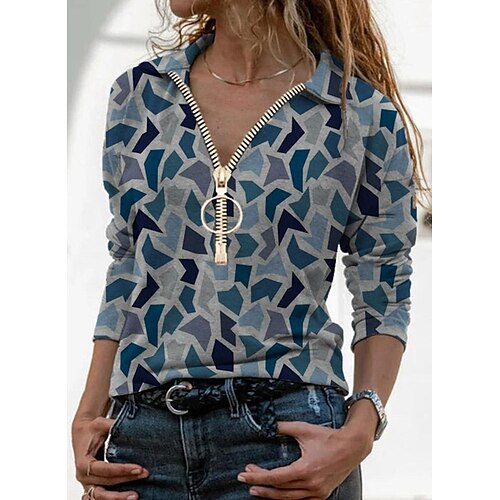 

Women's T shirt Tee Floral Heart Geometric Casual Weekend Floral Painting T shirt Tee Long Sleeve Quarter Zip Print Shirt Collar Basic Black Blue Gray S / 3D Print
