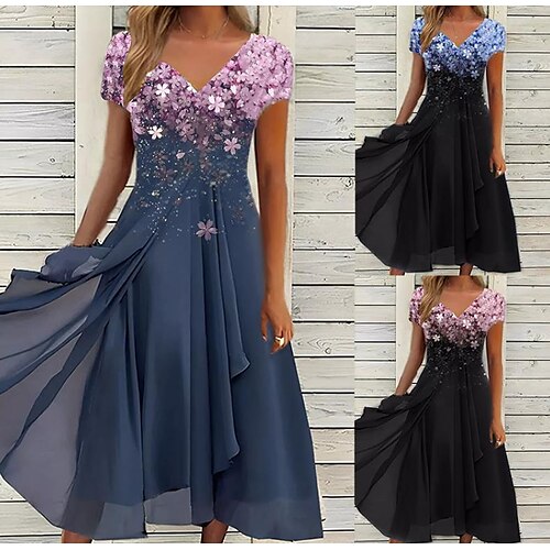 

Women's A Line Dress Midi Dress Black Blue Purple Short Sleeve Floral Ruched Print Fall Summer V Neck Stylish Elegant Modern 2022 S M L XL XXL 3XL 4XL 5XL