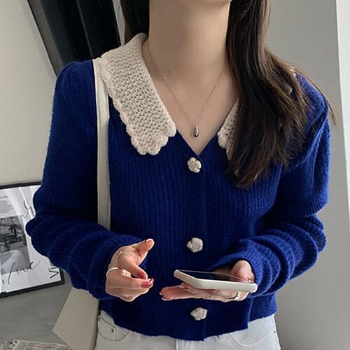 

Women's Cardigan Sweater Jumper Crochet Knit Button Knitted Color Block Shirt Collar Stylish Casual Outdoor Daily Winter Fall Blue White One-Size / Long Sleeve / Regular Fit / Going out