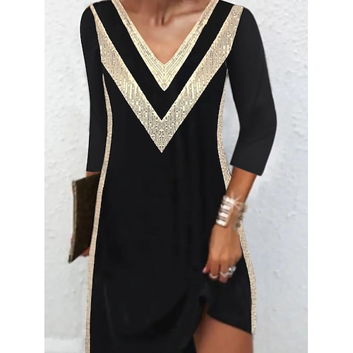 

Women's Casual Dress Shift Dress Black Dress Midi Dress Black 3/4 Length Sleeve Color Block Print Winter Fall Spring V Neck Basic Winter Dress Office Daily 2022 S M L XL XXL