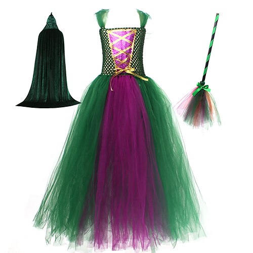 

Hocus Pocus Witch Winifred Sanderson Outfits Tutu Girls' Movie Cosplay Princess Sweet Green Purple Red Dress Hat Masquerade Organza