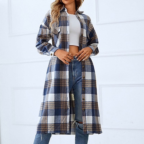 

Women's Winter Coat Windproof Warm Outdoor Street Daily Vacation Button Pocket Single Breasted Lapel Chic & Modern Street Style Shacket Stripes and Plaid Regular Fit Outerwear Long Sleeve Winter Fall