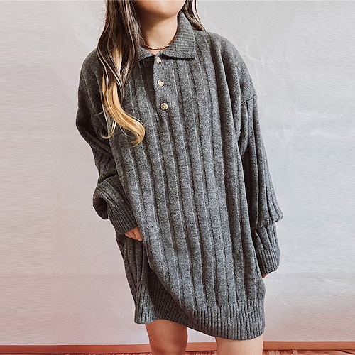 

Women's Sweater Jumper Dress Shift Dress Short Mini Dress Gray Khaki Long Sleeve Pure Color Button Fall Winter Shirt Collar Casual Classic Loose 2022 S M L XL