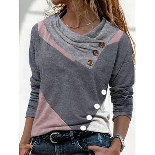 

Women's T shirt Tee Pink Geometric Color Block Button Print Long Sleeve Casual Weekend Basic Pile Neck Regular Geometric Painting S