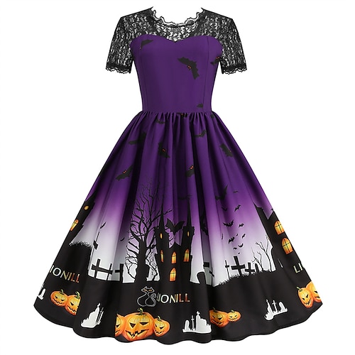 

Vestido feminino de balanço de halloween vestido na altura do joelho verde preto azul roxo vermelho manga curta estampa abóbora aranha renda patchwork outono inverno gola redonda vintage moderno 2022