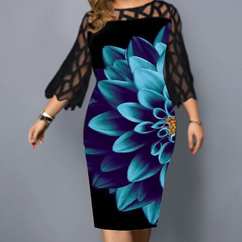 

Women's Plus Size Work Dress Floral Crew Neck Print 3/4 Length Sleeve Fall Winter Work Formal Knee Length Dress Formal Work Dress