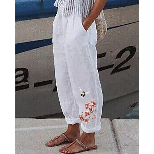 

damemote chinos sidelommer print full lengde bukser uformell helg mikroelastisk sommerfugl blomst / floral komfort løs ybf014 2xl
