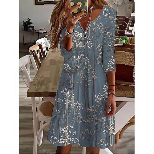 

Women's Casual Dress A Line Dress Knee Length Dress White Navy Blue Blue Long Sleeve Floral Zipper Summer Spring V Neck Casual Winter Dress Fall Dress 2023 XS S M L XL 2XL 3XL 4XL 5XL 6XL