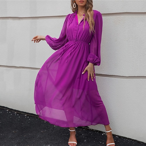 

Women's A Line Dress Swing Dress Maxi long Dress Purple Long Sleeve Pure Color Lace up Fall Winter V Neck Elegant Fashion Loose 2022 S M L XL