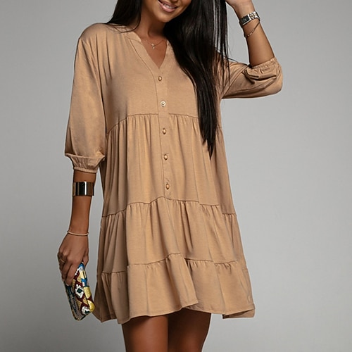 

Women's Casual Dress A Line Dress Short Mini Dress Yellow Fuchsia Half Sleeve Pure Color Ruched Button Fall Winter V Neck Stylish Casual Modern Loose 2022 S M L XL