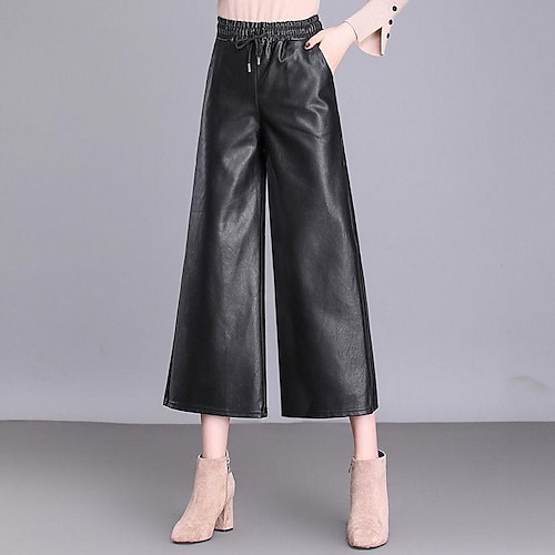 

Women's Culottes Wide Leg Chinos Pants Trousers Leather Pants Faux Leather Black Mid Waist Fashion Daily Side Pockets Wide Leg Micro-elastic Ankle-Length Comfort Plain M L XL XXL / Loose Fit