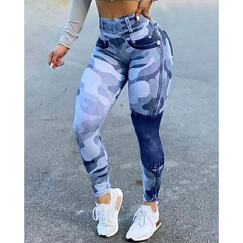 

Women's Tights Leggings Bell Bottom Faux Denim Green Blue Gray High Waist Fashion Tights Casual Weekend Print High Elasticity Ankle-Length Tummy Control Camouflage S M L XL 2XL / Skinny