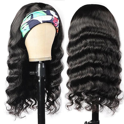 

Remy Human Hair Wig Long Loose Wave With Headband Natural Black Adjustable Natural Hairline Machine Made Capless Brazilian Hair All Natural Black #1B 10 inch 12 inch 14 inch Daily Wear Party & Evening
