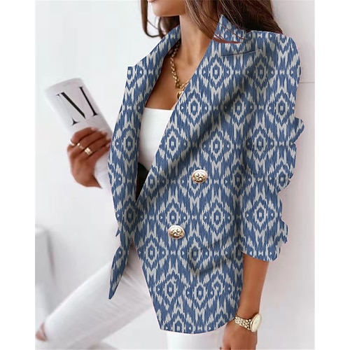 

Women's Blazer Breathable Office Work Daily Wear with Pockets Print Double Breasted Turndown OL Style Formal Modern Office / career Geometric Regular Fit Outerwear Long Sleeve Winter Fall Blue S M L