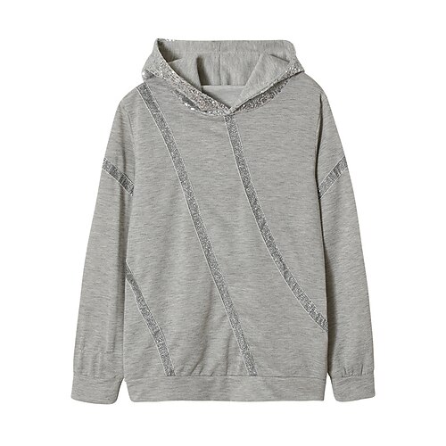 

Women's Plus Size Tops Hoodie Sweatshirt Striped Sequins Long Sleeve Hooded Streetwear Daily Sports Spandex Fall Winter Black Gray