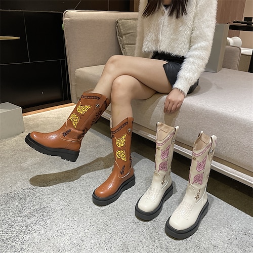 

Women's Boots Outdoor Daily Cowboy Boots Mid Calf Boots Winter Embroidery Chunky Heel Round Toe Preppy Sweet PU Leather Loafer Embroidered Brown Beige