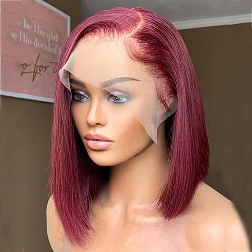 

Remy Human Hair 13x4 Lace Front Wig Bob Short Bob Free Part Brazilian Hair Straight Burgundy Wig 130% 150% Density with Baby Hair Highlighted / Balayage Hair Natural Hairline 100% Virgin Pre-Plucked