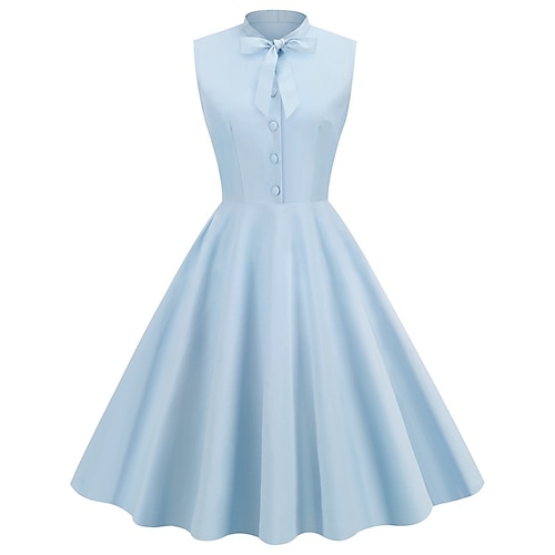 

robe de soirée femme robe swing robe midi bleu clair sans manches couleur pure bouton printemps été col montant 1950s party 2023 style s m l xl xxl