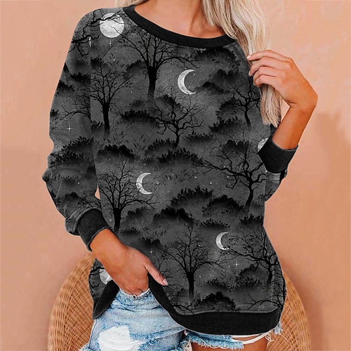 

Women's Sweatshirt Pullover Crew Neck Skull Cat Bat Print Halloween Weekend 3D Print Active Casual Hoodies Sweatshirts Gray Purple