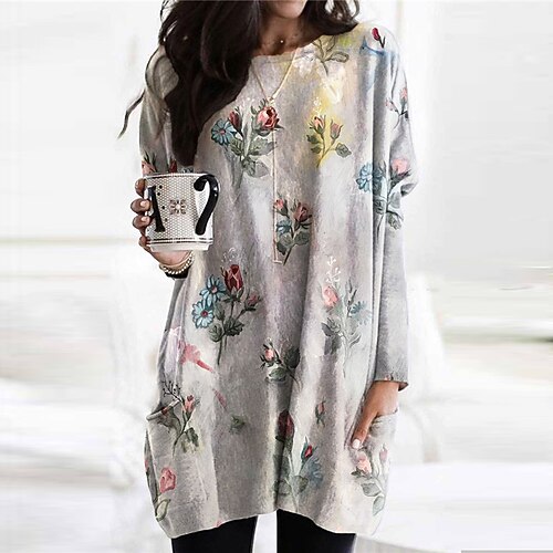 

Women's Shift Dress Casual Dress Short Mini Dress Green Gray Long Sleeve Floral Pocket Print Fall Winter Crew Neck Casual Vacation Loose 2022 S M L XL XXL 3XL