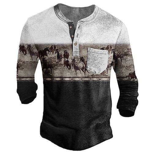 

Men's T shirt Tee Henley Shirt Tee Graphic Horse Henley Gray Long Sleeve 3D Print Plus Size Outdoor Daily Button-Down Print Tops Basic Designer Casual Big and Tall / Summer / Spring / Summer / Sports