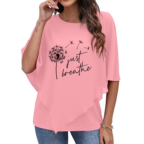 

Women's Blouse Letter Daily Weekend Blouse Shirt Half Sleeve Print Round Neck Casual Green Pink Navy Blue S