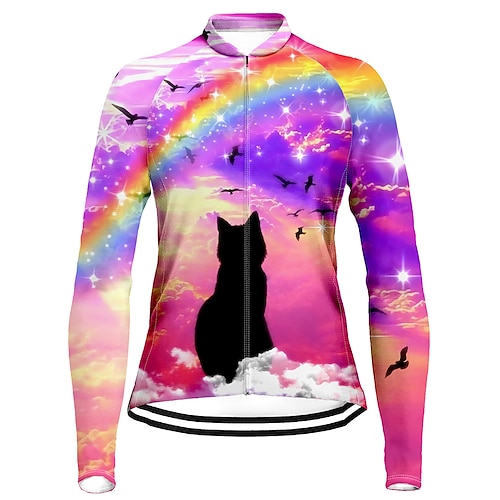 

21Grams Women's Cycling Jersey Long Sleeve Bike Top with 3 Rear Pockets Mountain Bike MTB Road Bike Cycling Breathable Quick Dry Moisture Wicking Reflective Strips Purple Rainbow Cat Polyester Spandex