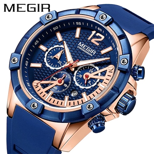 

MEGIR Men's Rose Gold Blue Quartz Watch Silicone Waterproof Luminous Sports Chronograph Wrist Watch Men Clock