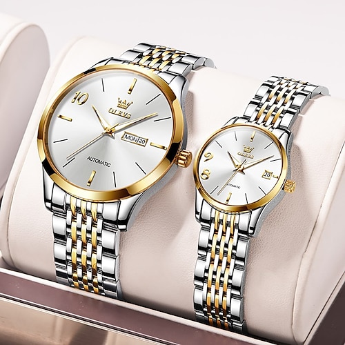 

OLEVS Valentines Couple Pair Quartz Watches Luminous Calendar Date Window 3ATM Waterproof, Casual Stainless Steel His and Hers Wristwatch for Men Women Lovers Wedding Romantic Gifts Set of 2