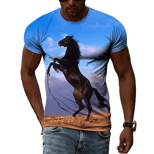 

Men's Unisex T shirt Tee Horse Graphic Prints Crew Neck Blue 3D Print Outdoor Street Short Sleeve Print Clothing Apparel Vintage Sports Casual Big and Tall / Summer / Summer