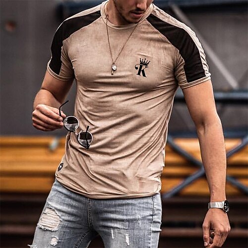 

Men's T shirt Tee Graphic Letter Crew Neck Light Brown Street Sports Short Sleeve Patchwork Print Clothing Apparel Fashion Designer Casual Comfortable / Summer / Summer
