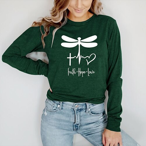 

Women's T shirt Tee Graphic Letter Casual Daily Holiday Painting T shirt Tee Long Sleeve Print Round Neck Basic Green Black Blue S