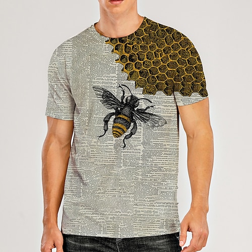 Bee On Honeycomb Mens Graphic Shirt Vintage 3D For | White Summer Cotton Tee Prints Round Neck Yellow Daily Holiday Short Sleeve Clothing Apparel Birthday And