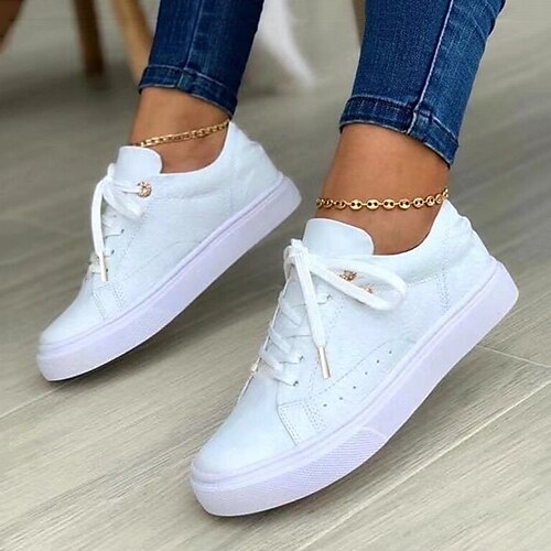 

Women's Sneakers Outdoor Daily Plus Size White Shoes Summer Flat Heel Round Toe Sporty Casual Walking Shoes PU Leather Lace-up Solid Colored Black Gold Rosy Pink
