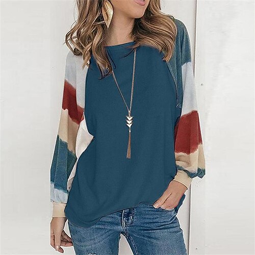 

Women's Blouse Color Block Going out Weekend Blouse Shirt Long Sleeve Print Round Neck Casual Streetwear Green White Blue S / 3D Print