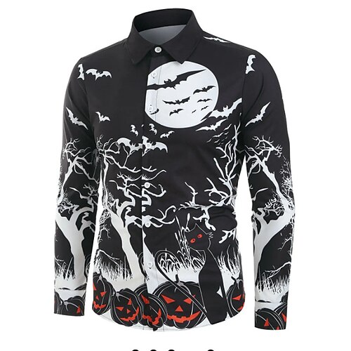 

Men's Shirt 3D Print Pumpkin Turndown Halloween Casual Button-Down Print Long Sleeve Tops Casual Vintage Breathable Comfortable Black