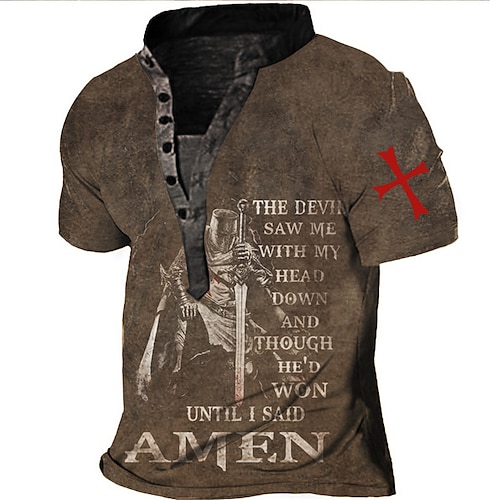 

Homme Chemise Henley Shirt T shirt Tee Tee Graphic Lettre Croix templière Soldier Mao Café 3D effet Grande Taille Extérieur du quotidien Manche Courte Bouton bas Imprimer Vêtement Tenue basique