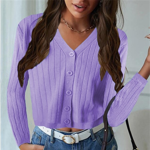 

Women's Cardigan Sweater Jumper Ribbed Knit Button Knitted Pure Color V Neck Stylish Casual Outdoor Daily Winter Fall Blue Purple S M L / Long Sleeve / Holiday / Regular Fit / Going out