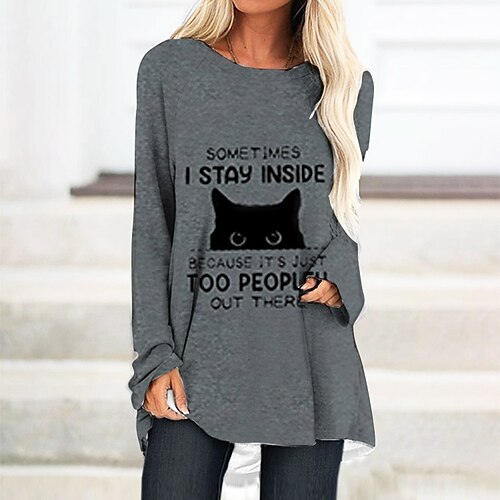 

Women's T Shirt Dress Tee Dress Shift Dress Knee Length Dress Black Gray Long Sleeve Print Print Fall Winter Crew Neck Casual Vacation 2022 S M L XL XXL 3XL / Casual Dress