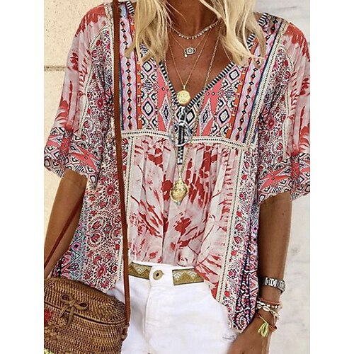 

Women's Blouse Shirt Pink Yellow Floral Quarter Zip Print Short Sleeve Casual Weekend Streetwear Ethnic V Neck Regular Floral S / 3D Print