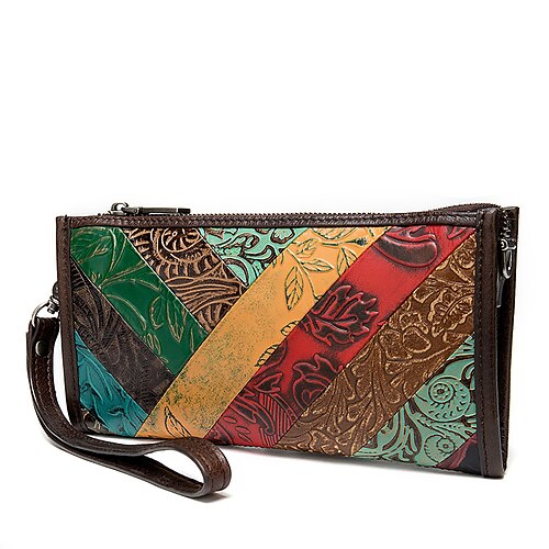 

Women's Clutch Nappa Leather Cowhide Zipper Plaid Daily Rainbow